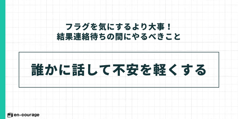 やるべきことの詳細(1)「フラグを気にするより大事！結果連絡待ちの間にやるべきこと」として、「誰かに話して不安を軽くする」を大きく強調したスライド。