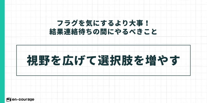 やるべきことの詳細(2)「フラグを気にするより大事！結果連絡待ちの間にやるべきこと」として、「視野を広げて選択肢を増やす」を大きく強調したスライド。