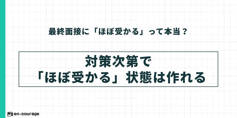 切り替えスライド。「対策次第で『ほぼ受かる』状態は作れる」という前向きなメッセージを中央に配置。