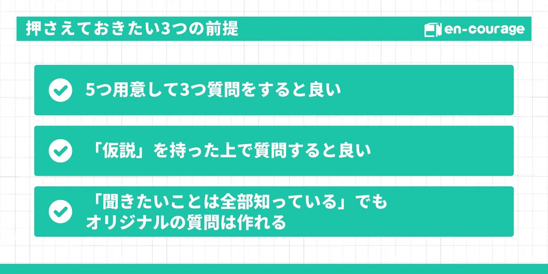 押さえておきたい3つの前提 5つ用意して3つ質問をすると良い  「仮説」を持った上で質問すると良い  「聞きたいことは全部知っている」でもオリジナルの質問は作れる