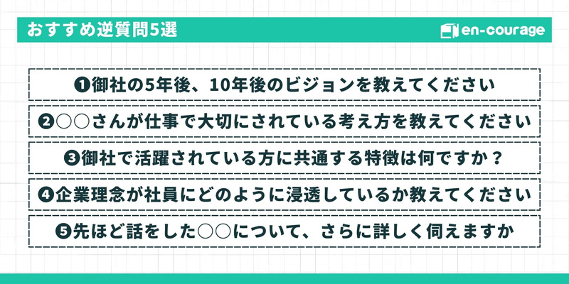 おすすめ逆質問5選 御社の5年後、10年後のビジョンを教えてください  〇〇さんが仕事で大切にされている考え方を教えてください  御社で活躍されている方に共通する特徴は何ですか？  企業理念が社員にどのように浸透しているか教えてください  先ほど話をした〇〇について、さらに詳しく伺えますか