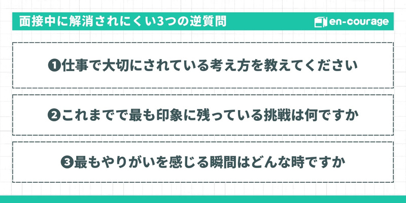 面接中に解消されにくい3つの逆質問 準備しておくと安心な、話の流れで消えにくい質問例です。  仕事で大切にされている考え方を教えてください  これまでに最も印象に残っている挑戦は何ですか  最もやりがいを感じる瞬間はどんな時ですか