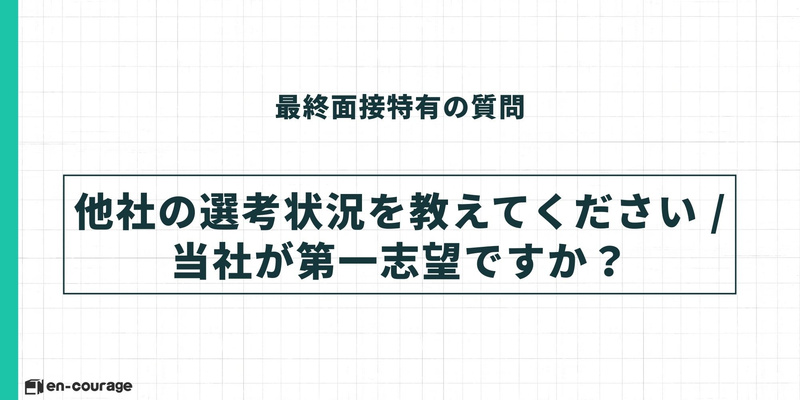 最終面接特有の質問3。「他社の選考状況を教えてください／当社が第一志望ですか？」という問いのテキストスライド。