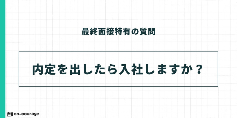 最終面接特有の質問5。「内定を出したら入社しますか？」という問いのテキストスライド。
