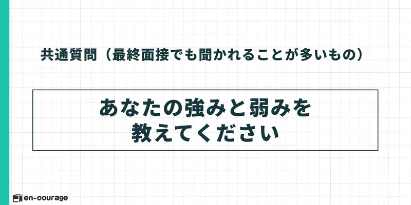 共通質問5。「あなたの強みと弱みを教えてください」という自己分析に関するテキストスライド。