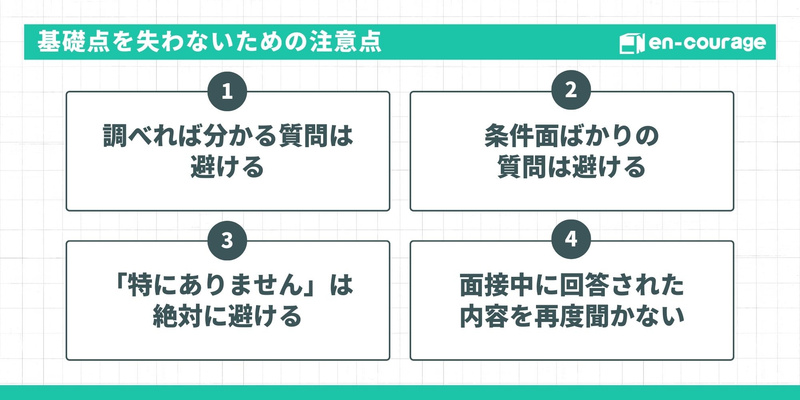 逆質問での注意点。調べれば分かることや条件面ばかりの質問を避け、「特にありません」を言わないこと。