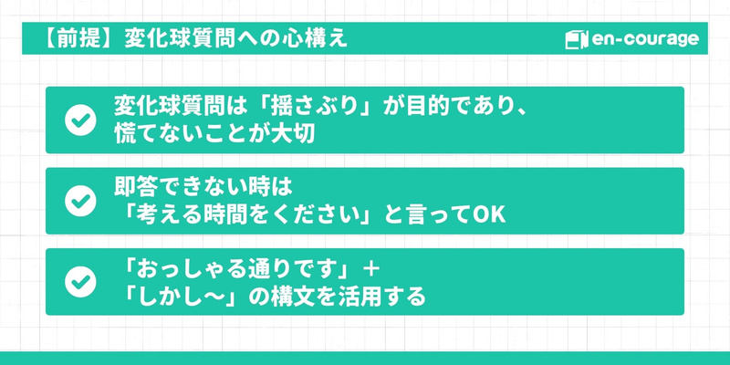 【前提】変化球質問への心構え 変化球質問は「揺さぶり」が目的であり、慌てないことが大切 即答できない時は「考える時間をください」と言ってOK 「おっしゃる通りです」＋「しかし〜」の構文を活用する