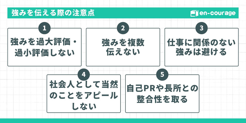強みを伝える際の注意点。1. 強みを過大評価・過小評価しない。2. 強みを複数伝えない。3. 仕事に関係のない強みは避ける。4. 社会人として当然のことをアピールしない。5. 自己PRや長所との整合性を取る。