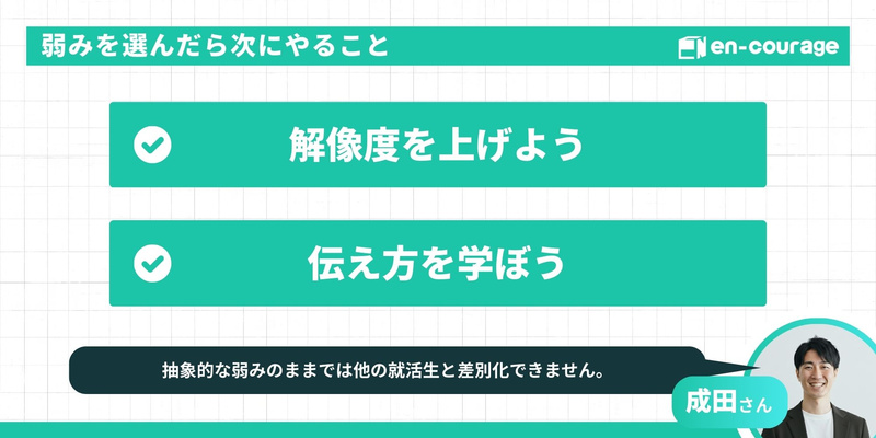 弱みを選んだら次にやること：1. 解像度を上げよう、2. 伝え方を学ぼう。抽象的な弱みのままでは他の就活生と差別化できないという成田さんのアドバイス。