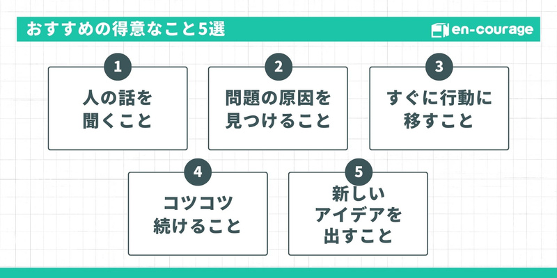 【おすすめの得意なこと5選】1.話を聞く、2.原因究明、3.即行動、4.継続、5.アイデア創出。