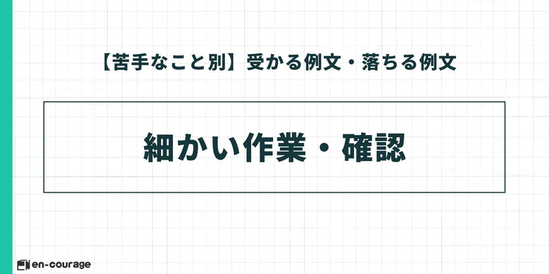 「【苦手なこと別】受かる例文・落ちる例文」の導入スライド。具体的なテーマとして「細かい作業・確認」を挙げている。