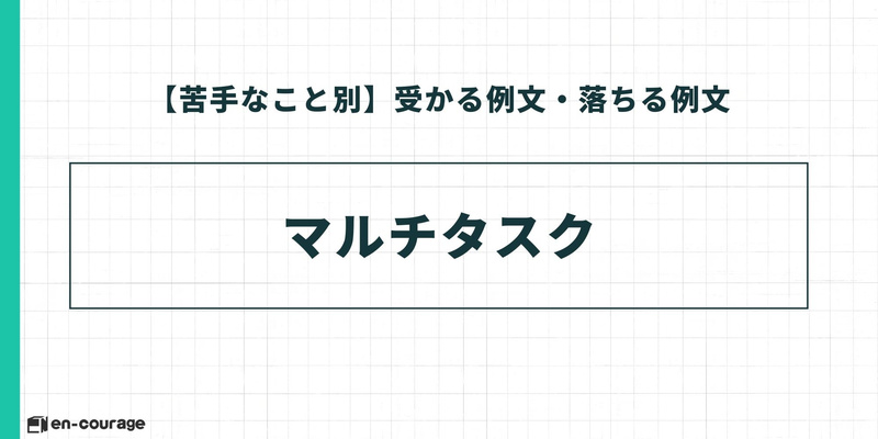 「【苦手なこと別】受かる例文・落ちる例文」の導入スライド。具体的なテーマとして「マルチタスク」を挙げている。