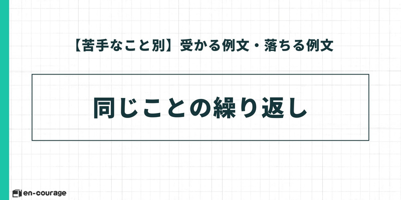 「【苦手なこと別】受かる例文・落ちる例文」の導入スライド。具体的なテーマとして「同じことの繰り返し」を挙げている。