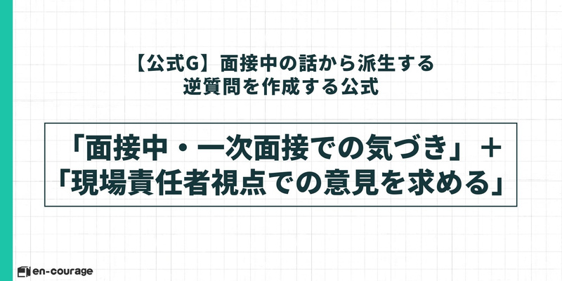 「【公式G】面接中の話から派生する逆質問を作成する公式」。「面接中・一次面接での気づき」＋「現場責任者視点での意見を求める」という構成要素を示している。