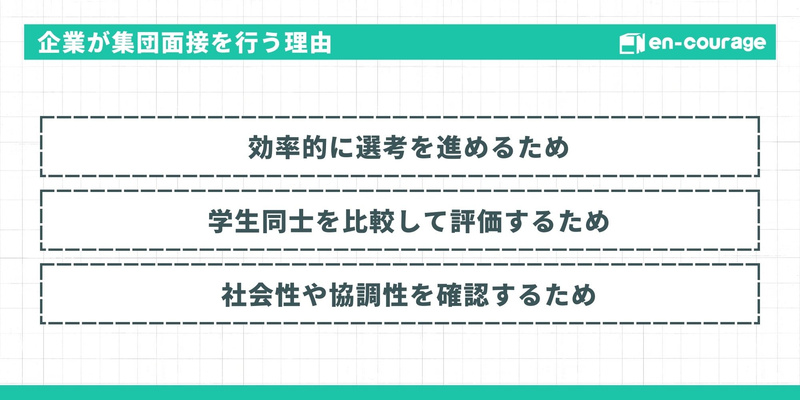 集団面接の目的について解説するスライド。「企業が集団面接を行う理由」というタイトルの下に、1. 効率的に選考を進めるため、2. 学生同士を比較して評価するため、3. 社会性や協調性を確認するため、の3つの理由が並んでいる。