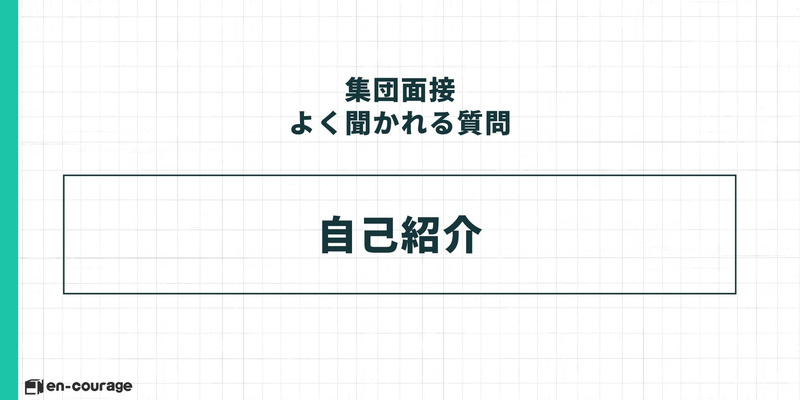 頻出質問の紹介スライド。「集団面接よく聞かれる質問」として、中央に大きく「自己紹介」と書かれている。