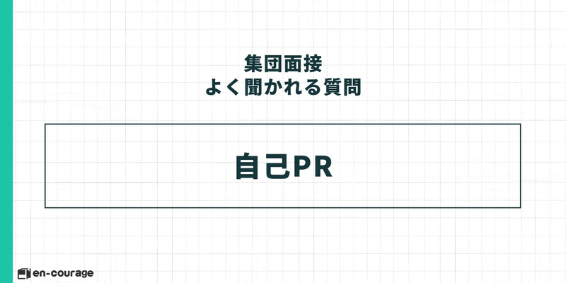 頻出質問の紹介スライド。「集団面接よく聞かれる質問」として、中央に大きく「自己PR」と書かれている。