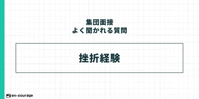集団面接の頻出質問に関するスライド。タイトル「集団面接 よく聞かれる質問」の下、中央の枠内に「挫折経験」と大きく記載されている。