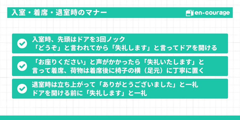 「入室・着席・退室時のマナー」を解説するスライド。入室時のノック回数（3回）や挨拶、着席時の荷物の置き場所（足元）、退室時の礼儀作法について説明している。